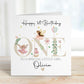 White linen luxury fairy 1st birthday card featuring beautiful little fairies & a pink toadstool & frog prince & the number one in neutral beige & the wording Happy 1st birthday to our special daughter, granddaughter, niece, special little girl, can be adapted to any relation. Personalised with childs name.