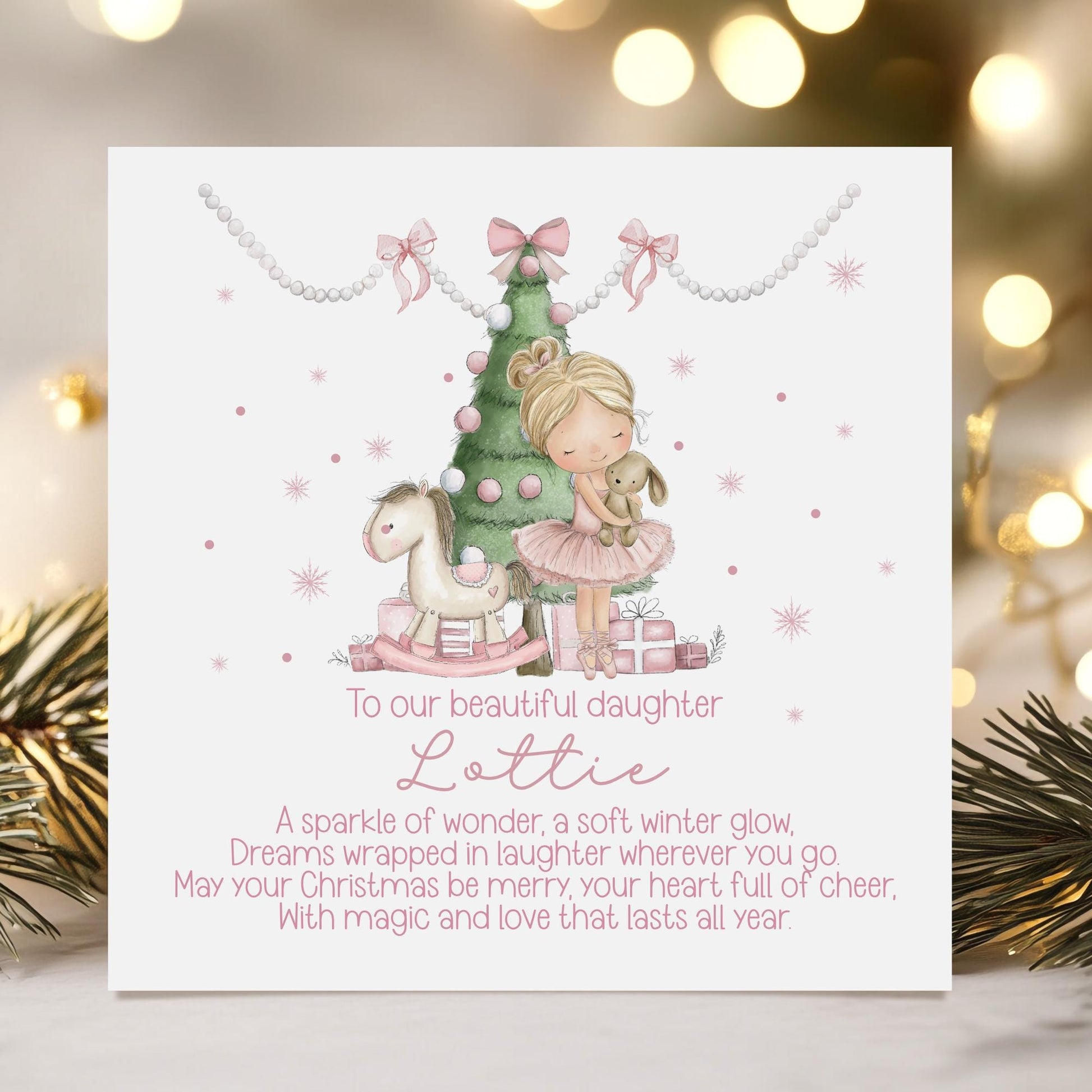 Christmas card with a girl and tree illustration, personalized for 'our beautiful daughter' with space for a name to be added.