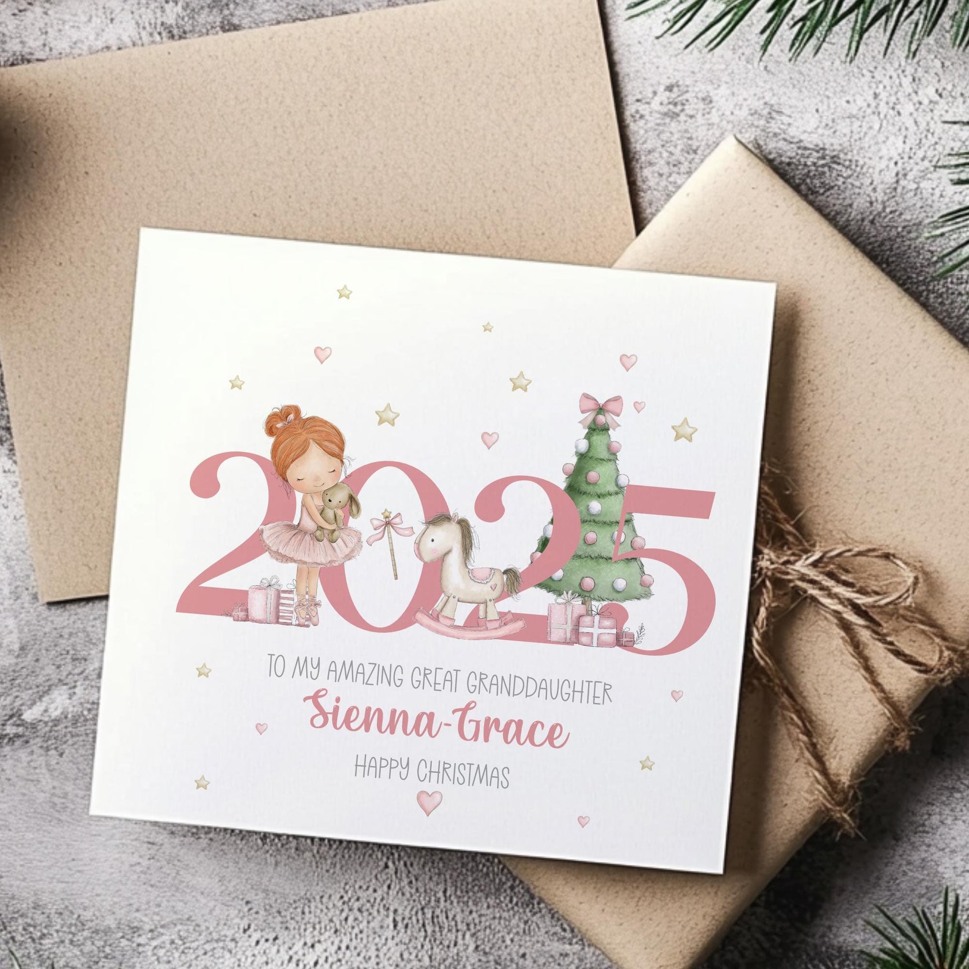 Personalised Christmas card featuring a pink ballerina girl, rocking horse and Christmas tree beside the year 2025 in pastel tones. Perfect for a daughter, granddaughter, niece or little girl.
