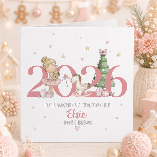 Personalised 2026 Christmas card with a blonde ballerina, rocking horse and Christmas tree, for great-granddaughter Elsie.