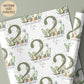 Personalised gift wrap for a 2nd birthday featuring a large sage green number '2' surrounded by cute dinosaurs & stars. The design includes the text ' Happy 2nd Birthday' Personalised with a name.