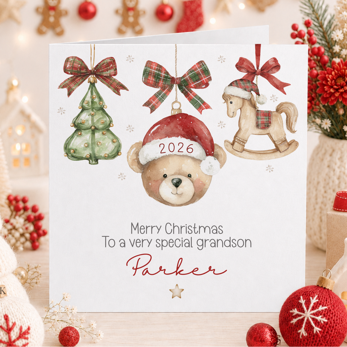Personalised 2026 Christmas card for grandson Parker with teddy bear, rocking horse, Christmas tree and tartan bows.