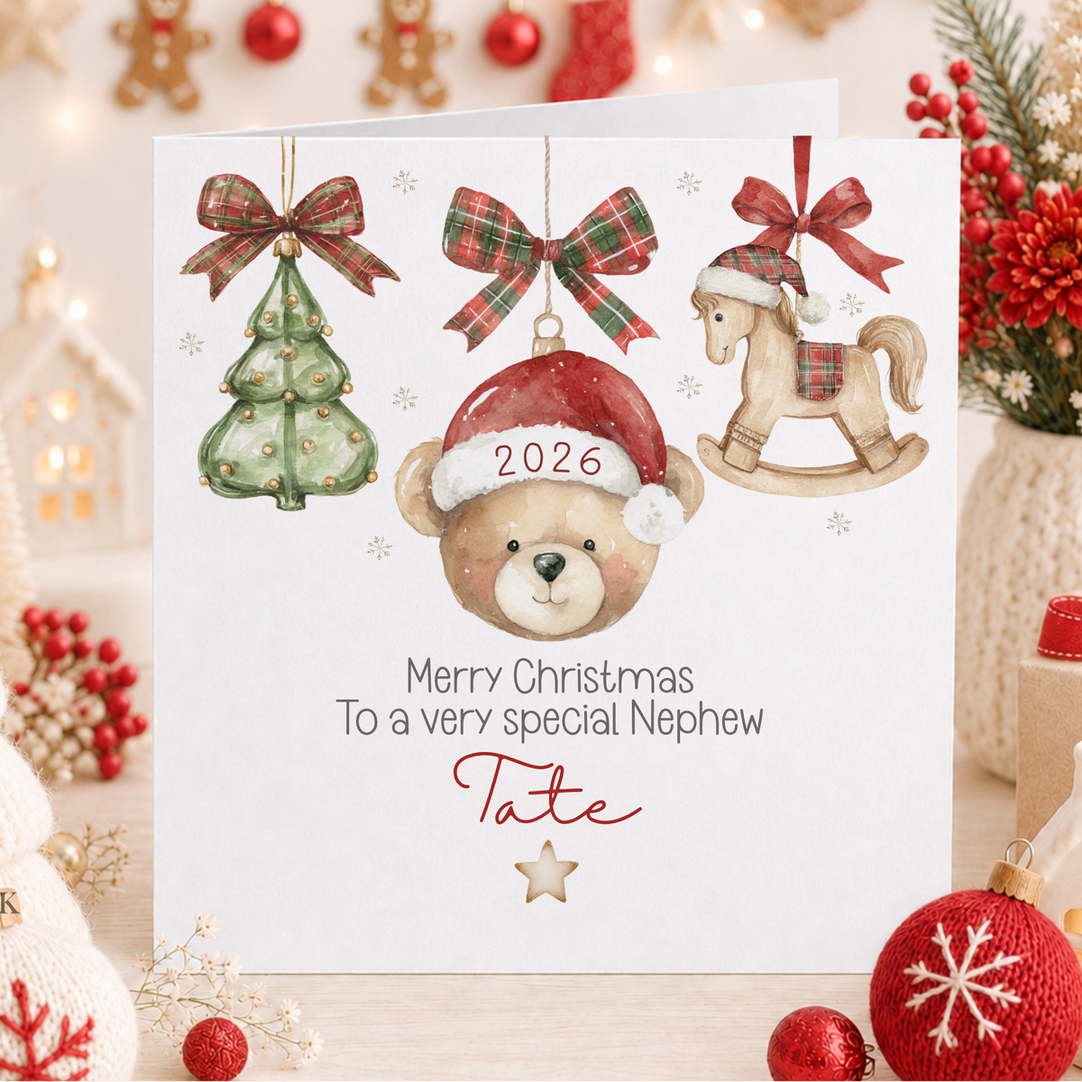 Personalised 2026 Christmas card for nephew Tate with teddy bear, rocking horse, Christmas tree and tartan bows.
