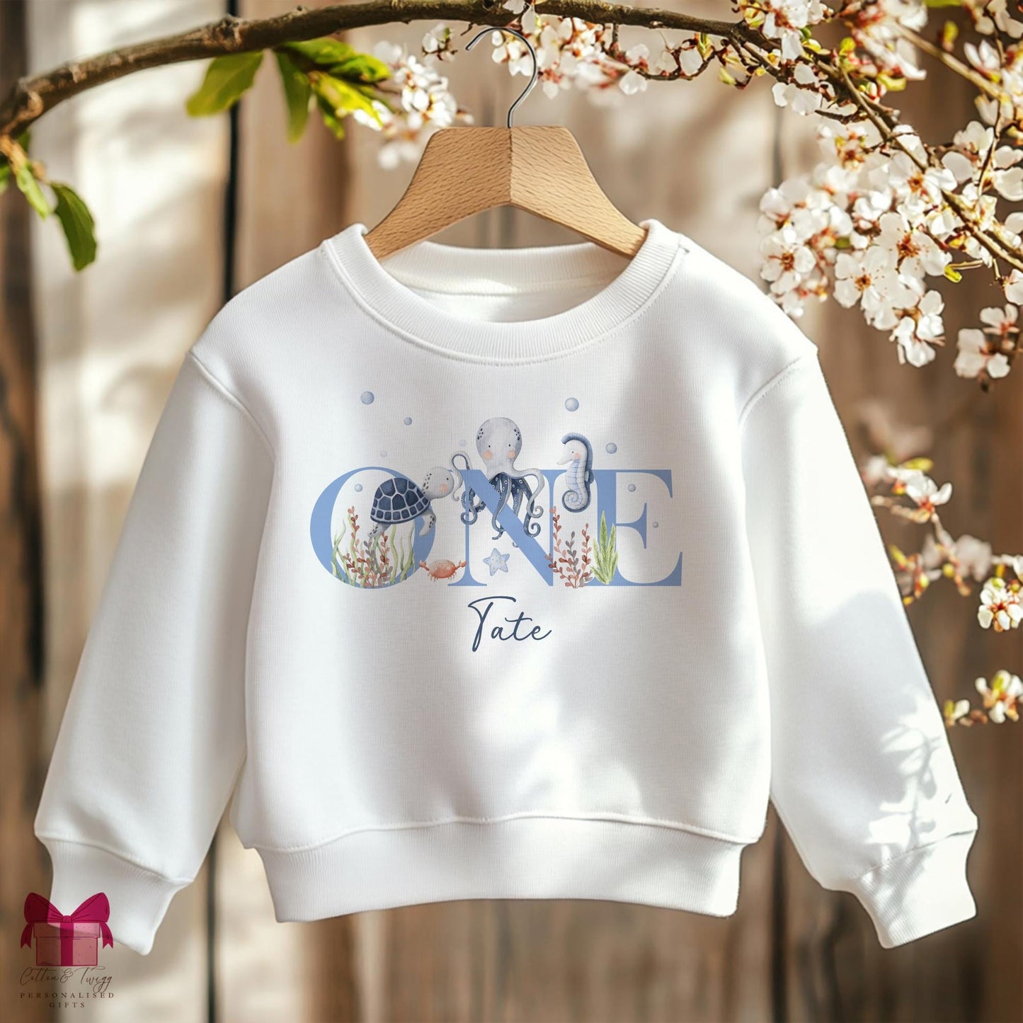 Personalised First Birthday Sweatshirt, 1st Birthday Under The Sea Sweater, Blue Fish Themed Birthday Long Sleeve Jumper, I Am One Outfit