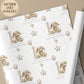 Personalised first birthday gift wrap featuring a repeating pattern of a cute neutral-toned bunny, balloons, and a large number 1. Design includes the wording ‘Happy 1st Birthday to our Wonderful Nephew’ and is personalised with a name. Soft beige and white colour palette with polka dot details.