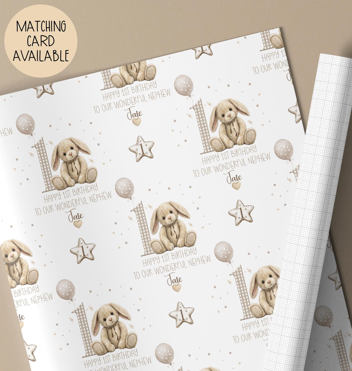 Personalised first birthday gift wrap featuring a repeating pattern of a cute neutral-toned bunny, balloons, and a large number 1. Design includes the wording ‘Happy 1st Birthday to our Wonderful Nephew’ and is personalised with a name. Soft beige and white colour palette with polka dot details.