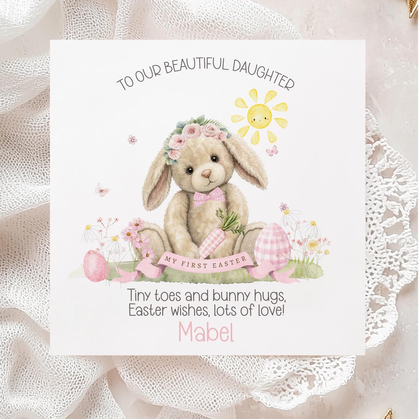 Personalised Easter card for a granddaughter featuring a soft illustrated bunny with a floral crown, Easter eggs, flowers and a smiling sun, with gentle pastel colours and space for a personalised name.