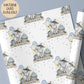 Personalised Unicorn gift wrap featuring hand drawn exclusive artwork of a cute Unicorn with a blue nose & blue & beige balloons & a blue cupcake & the wording Happy Birthday, personalised with a name.