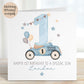 Luxury white linen, lightly textured 1st birthday card featuring a watercolor blue racing car with a number 1 on the side & beige seat & balloons to the back & a watercolor number 1 & a beige, brown & blue bunting & stars & the wording, Happy 1st birthday to a special Grandson/Son/Nephew/wording can be changed to suit. Personalised with the childs name a little star underneath. Card measures 6 x 6 inches.