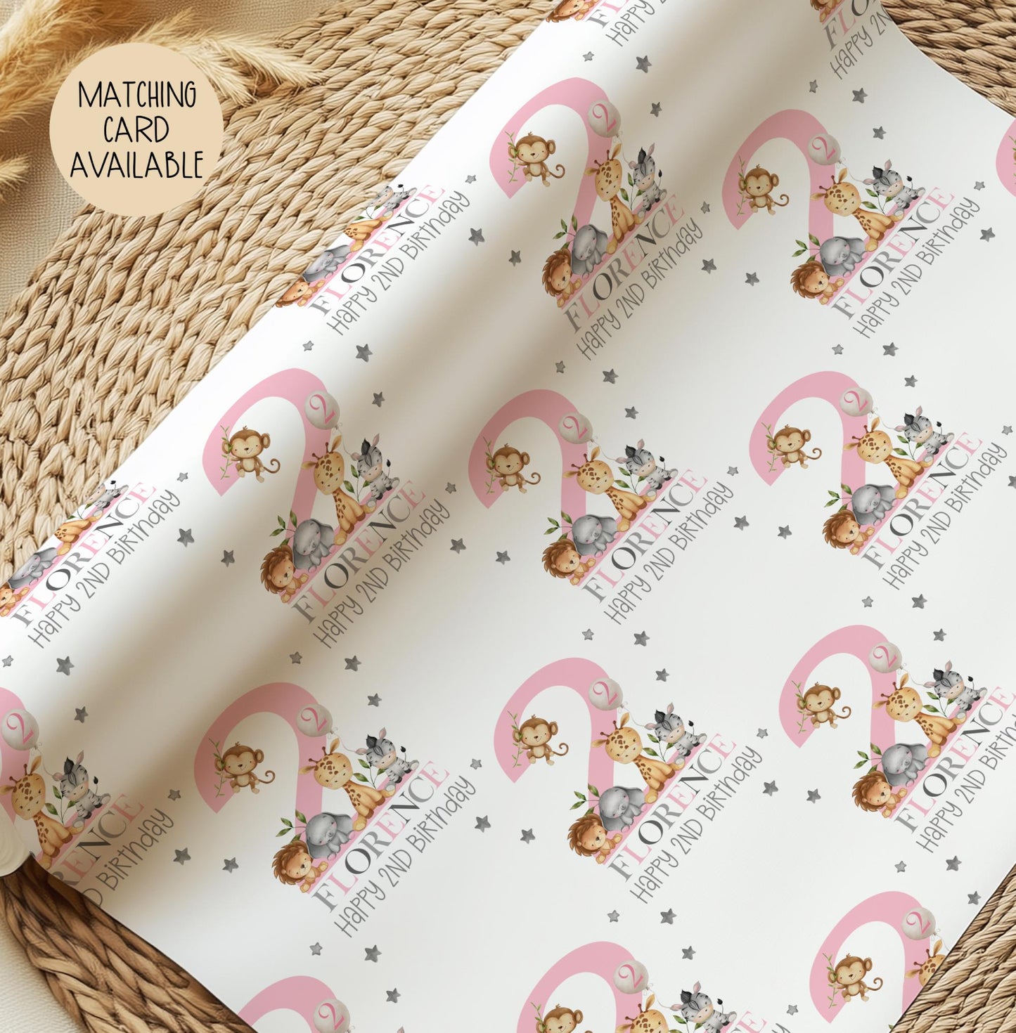 Personalised gift wrap for a 2nd birthday featuring a large pink number &#39;2&#39; surrounded by cute safari animals & grey stars. The design includes the text &#39; Happy 2nd Birthday&#39; Personalised with a name in multi-coloured text.