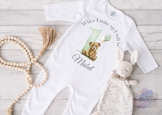 Personalised When I Wake Up I Will Be One Sleepsuit, Personalised Birthday Romper, 1st Birthday Babygrow, Unisex Birthday Outfit