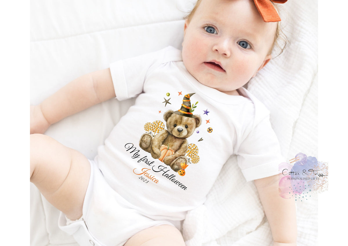 Witch Hat Teddy My First Halloween – Personalised Sleepsuit, Vest & Bib