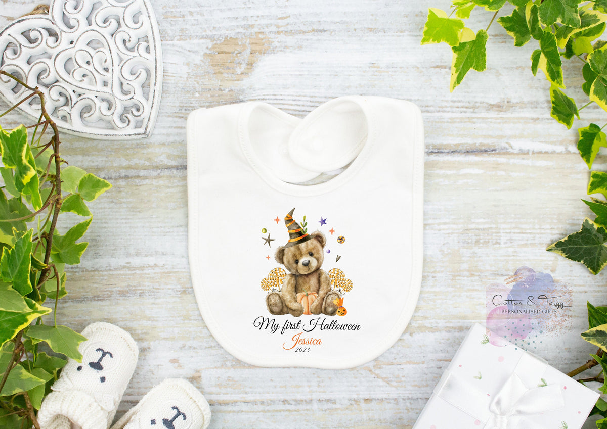 Witch Hat Teddy My First Halloween – Personalised Sleepsuit, Vest & Bib