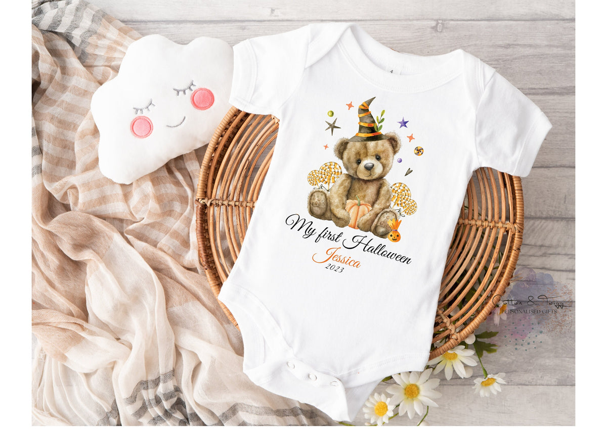 Witch Hat Teddy My First Halloween – Personalised Sleepsuit, Vest & Bib