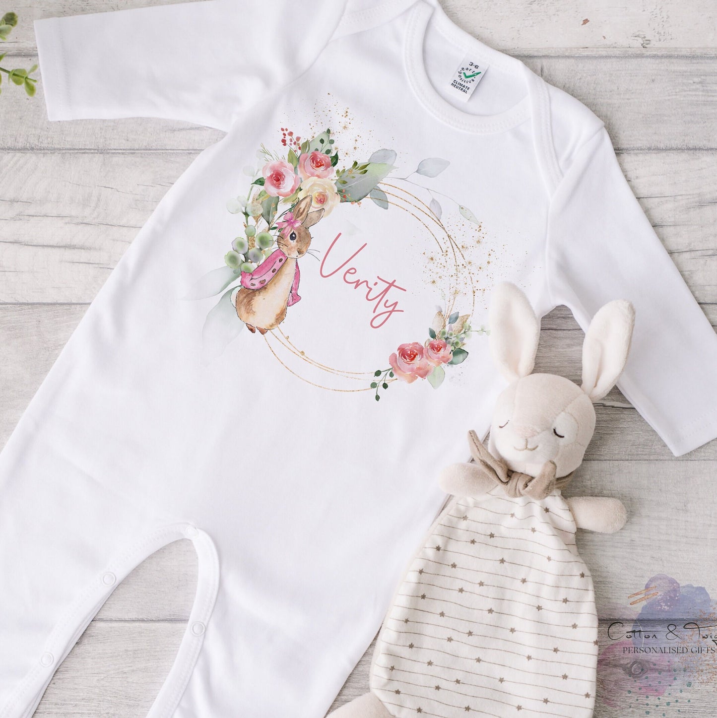 Personalised New Baby Sleepsuit, Vest/Bodysuit & Bib Little Pink Bunny Babygrow, Baby Shower Gift, New Baby Present