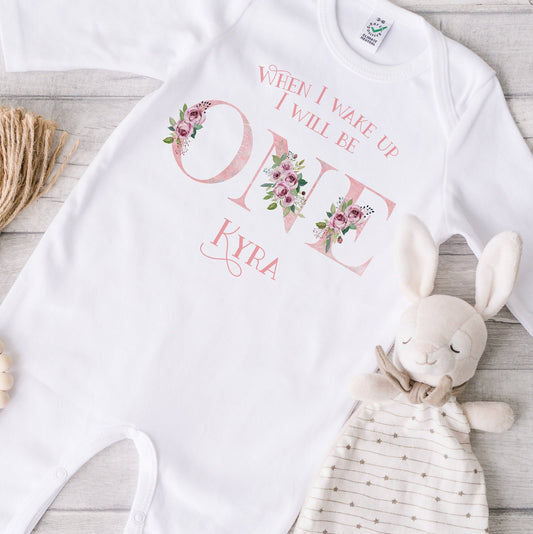 Personalised When I Wake Up I Will Be One Sleepsuit, Personalised Pink  Floral Birthday Babygrow, Girls Birthday Sleepsuit