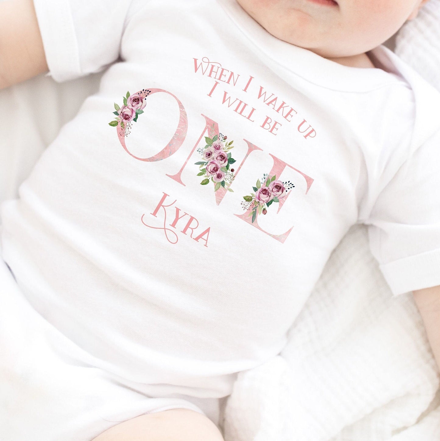 Personalised When I Wake Up I Will Be One Sleepsuit, Personalised Pink  Floral Birthday Babygrow, Girls Birthday Sleepsuit