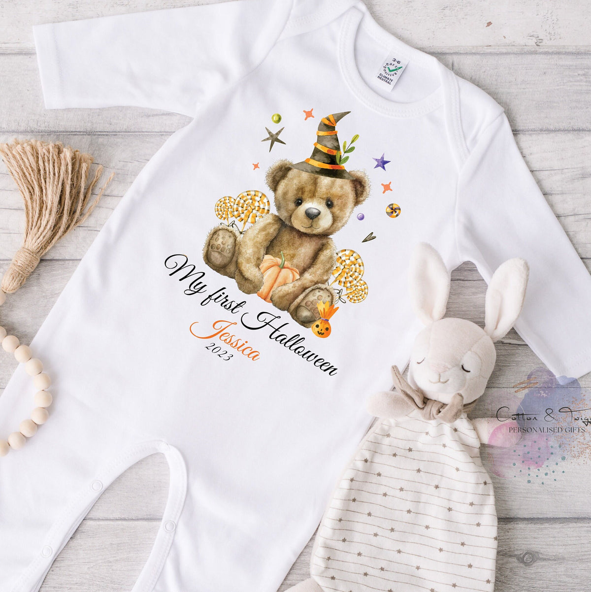 Witch Hat Teddy My First Halloween – Personalised Sleepsuit, Vest & Bib