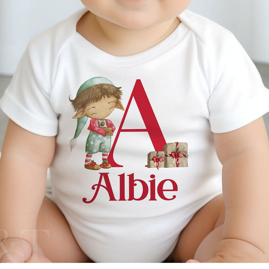 Personalised Elf Sleepsuit, Cotton Christmas Personalised Christmas Vest/Bodysuit, Christmas Elf Vest & Babygrow
