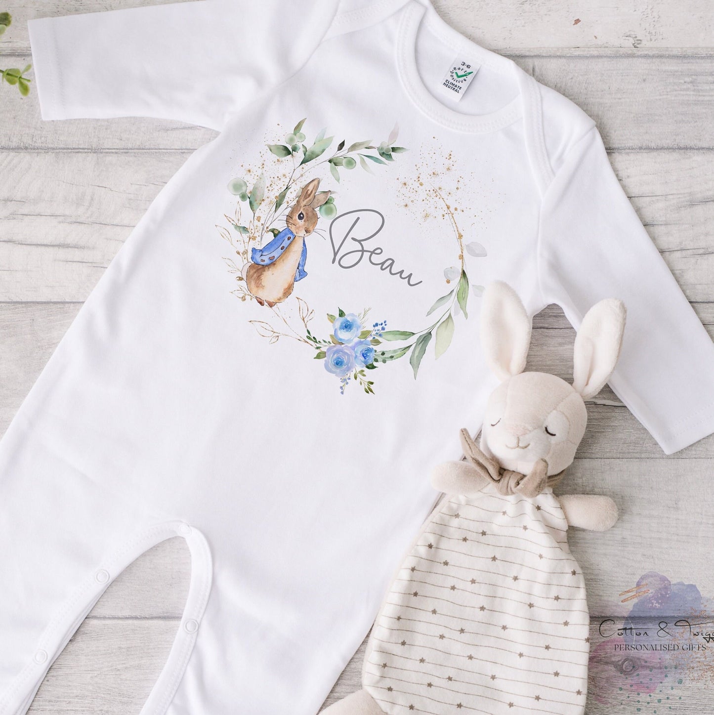 Personalised New Baby Sleepsuit, Vest/Bodysuit & Bib Little Pink Bunny Babygrow, Baby Shower Gift, New Baby Boy Present