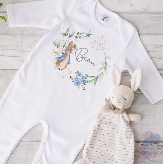 Personalised New Baby Sleepsuit, Vest/Bodysuit & Bib Little Pink Bunny Babygrow, Baby Shower Gift, New Baby Boy Present