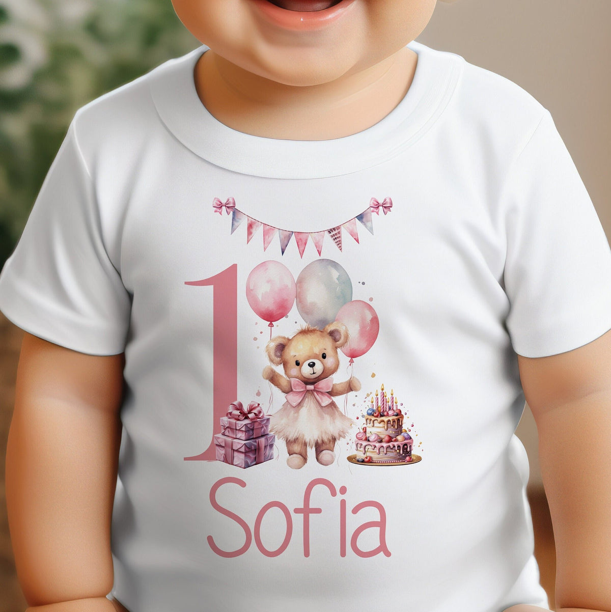 Pink Teddy First Birthday Sleepsuit
