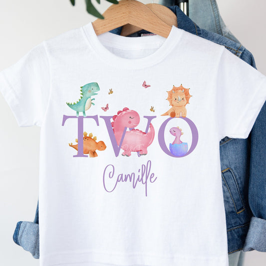 Personalised Girls 2nd Birthday T-Shirt/Vest,  Second Birthday Pink Dinosaur T-Shirt, Dino First, Second Birthday T-Shirt for Girls