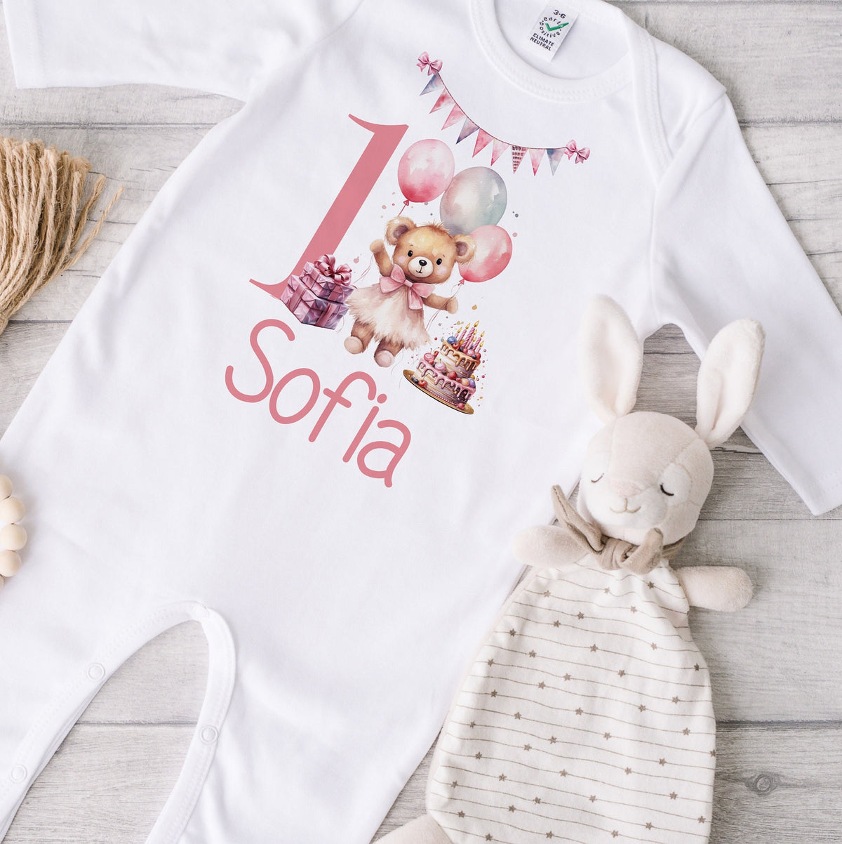 Pink Teddy First Birthday Sleepsuit
