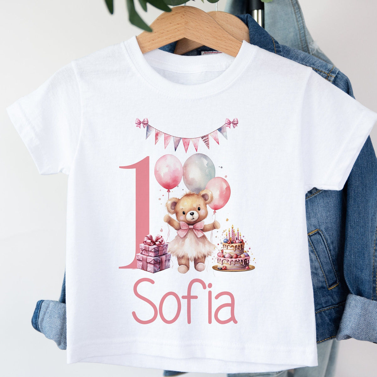 Pink Teddy First Birthday Sleepsuit