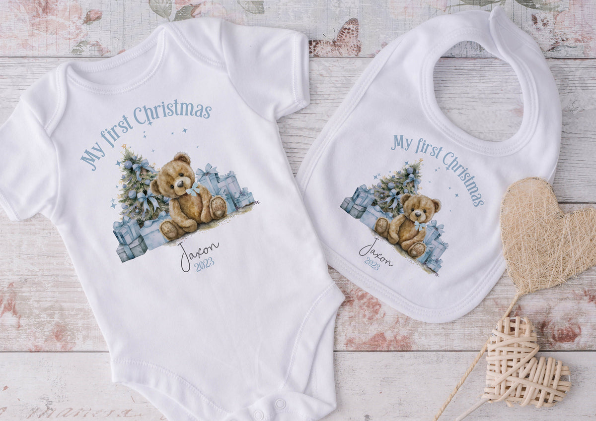 Blue Teddy Bear Baby's First Christmas Sleepsuit, Vest & Bib