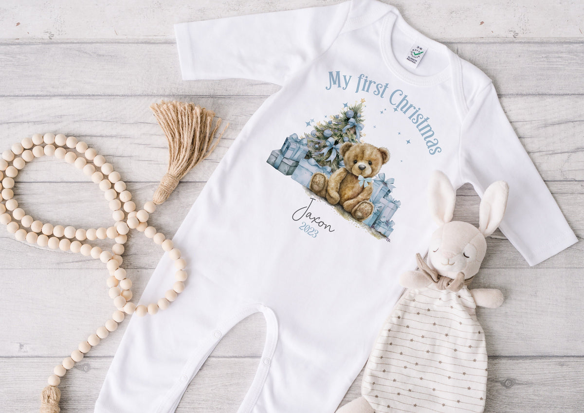Blue Teddy Bear Baby's First Christmas Sleepsuit, Vest & Bib