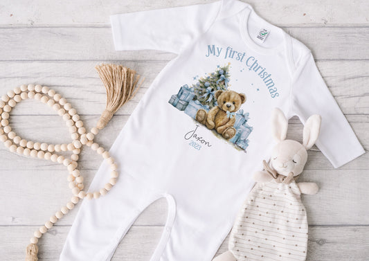 Blue Teddy Bear Baby's First Christmas Sleepsuit, Vest & Bib