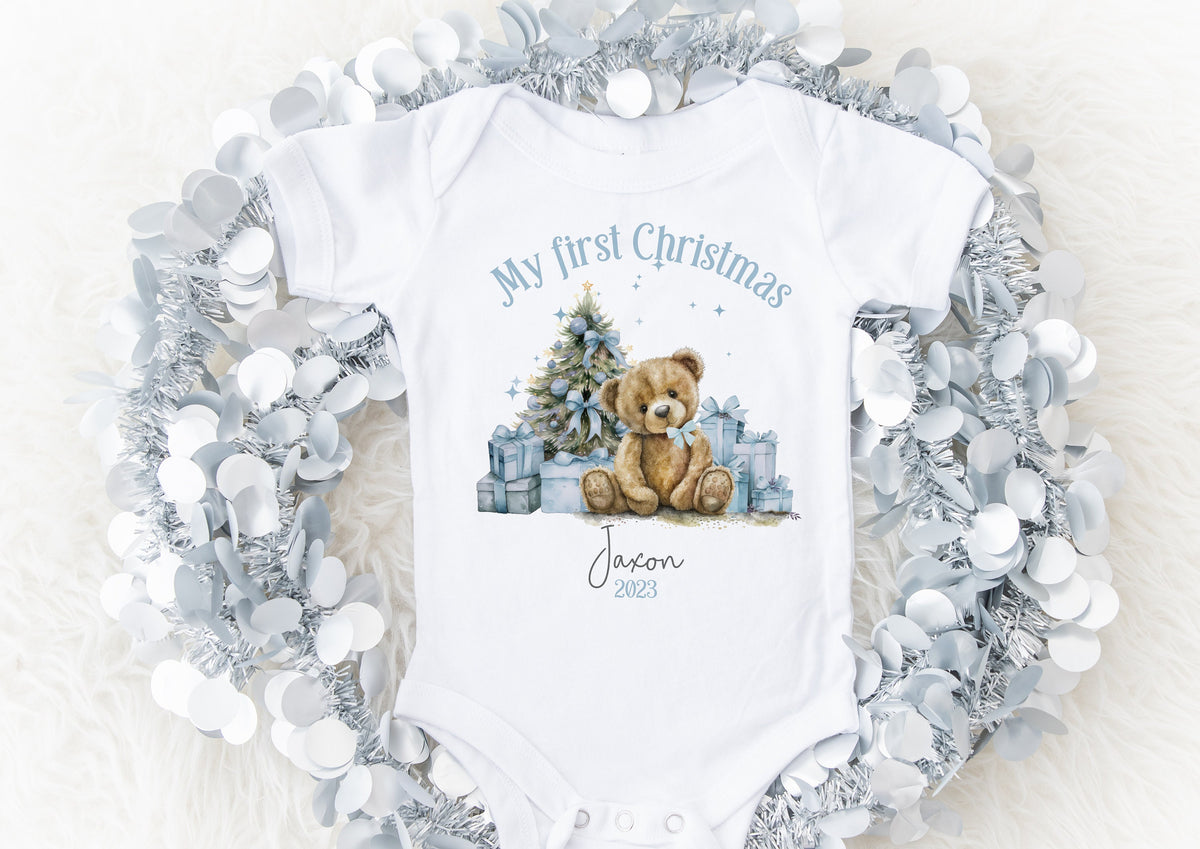 Blue Teddy Bear Baby's First Christmas Sleepsuit, Vest & Bib