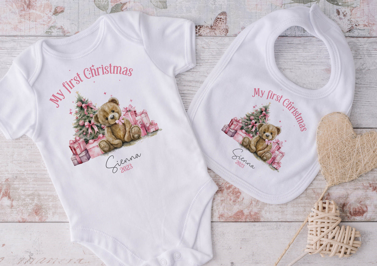 Pink Teddy Bear Baby's First Christmas Sleepsuit, Vest & Bib