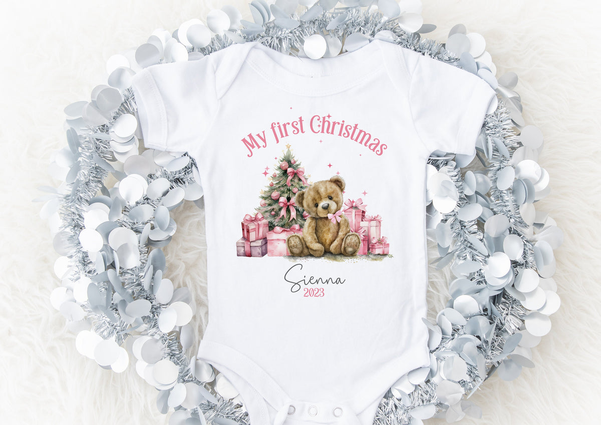 Pink Teddy Bear Baby's First Christmas Sleepsuit, Vest & Bib