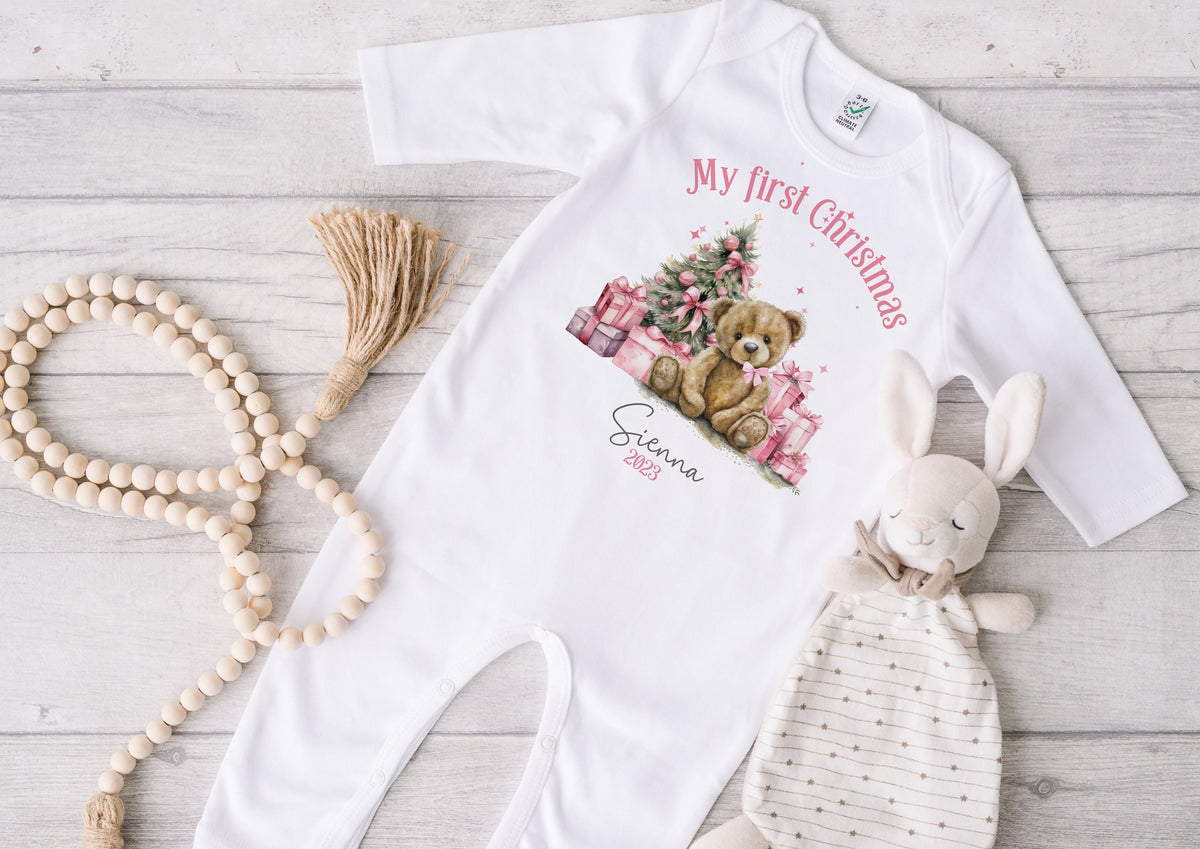 Pink Teddy Bear Baby's First Christmas Sleepsuit, Vest & Bib