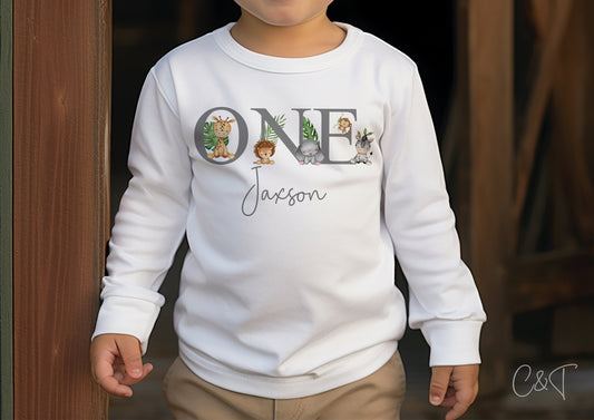 Personalised Kids Safari Birthday T-Shirt, 1st Birthday Jungle T-Shirt, Safari 1 Vest, First Birthday Long Sleeve T-Shirt for Girls & Boys
