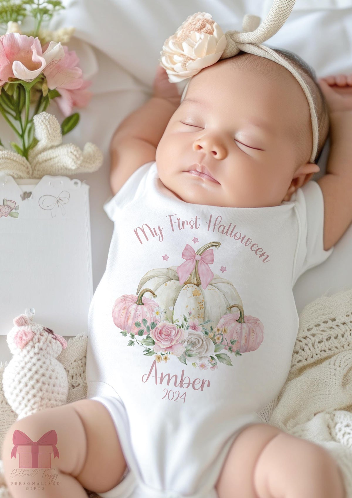 Pastel Pink Pumpkins My First Halloween – Personalised Sleepsuit, Vest & Bib