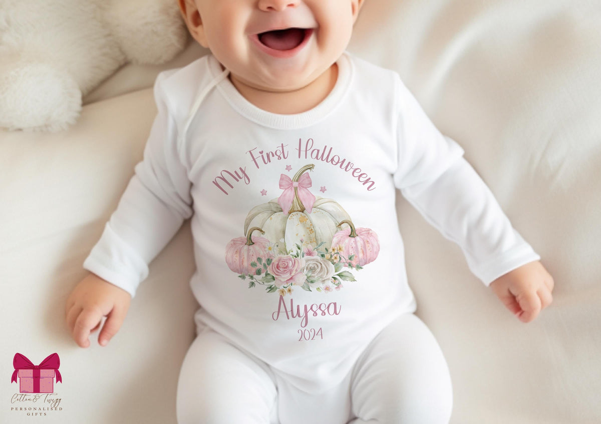 Pastel Pink Pumpkins My First Halloween – Personalised Sleepsuit, Vest & Bib