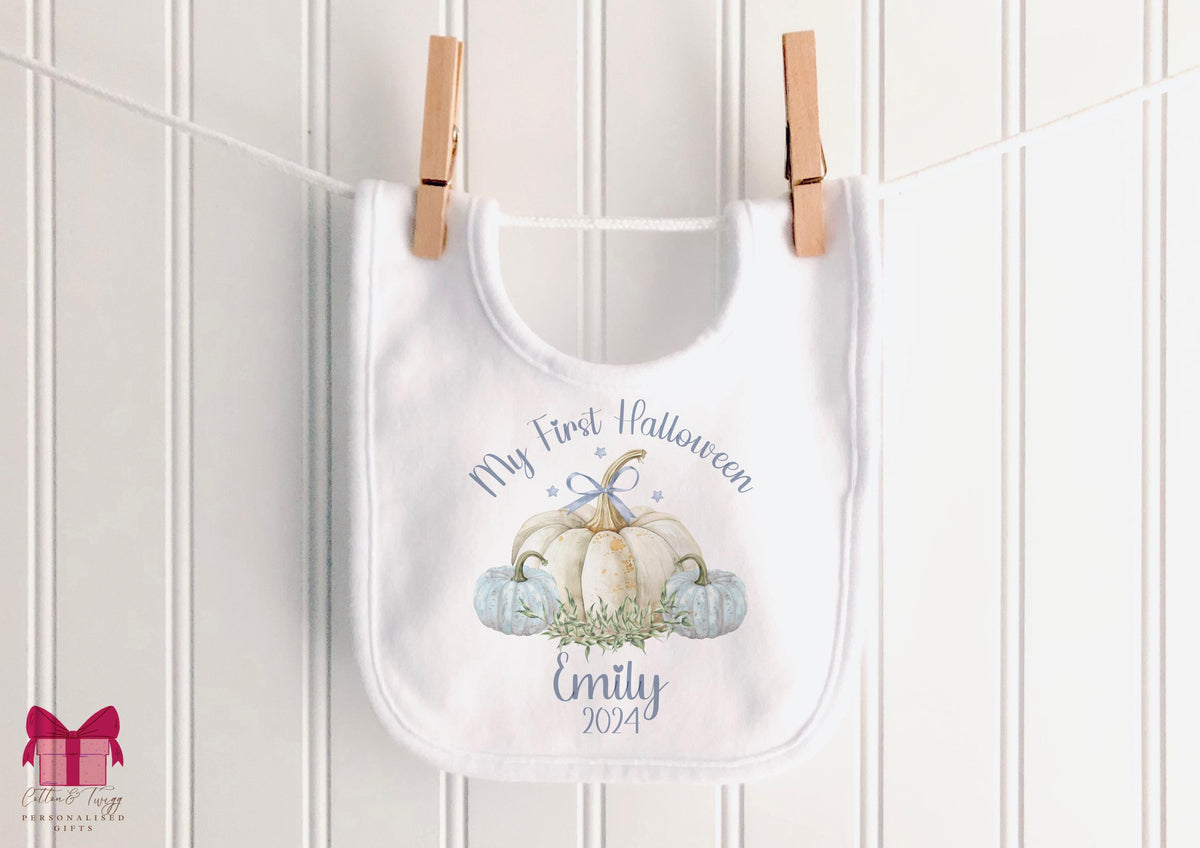 Sage & White Pumpkins My First Halloween – Personalised Sleepsuit, Vest & Bib