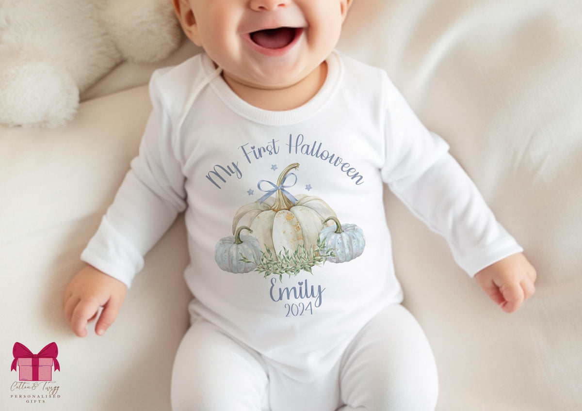 Sage & White Pumpkins My First Halloween – Personalised Sleepsuit, Vest & Bib