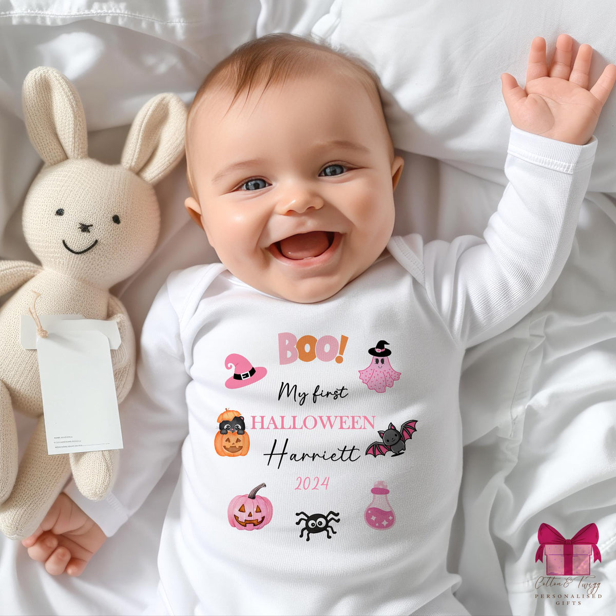 Pink Boo My First Halloween – Personalised Sleepsuit, Vest & Bib