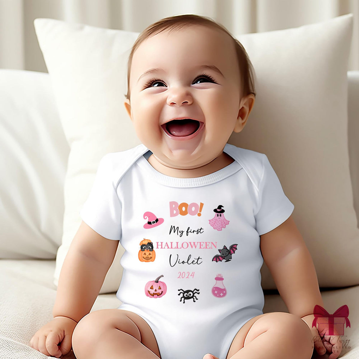Pink Boo My First Halloween – Personalised Sleepsuit, Vest & Bib
