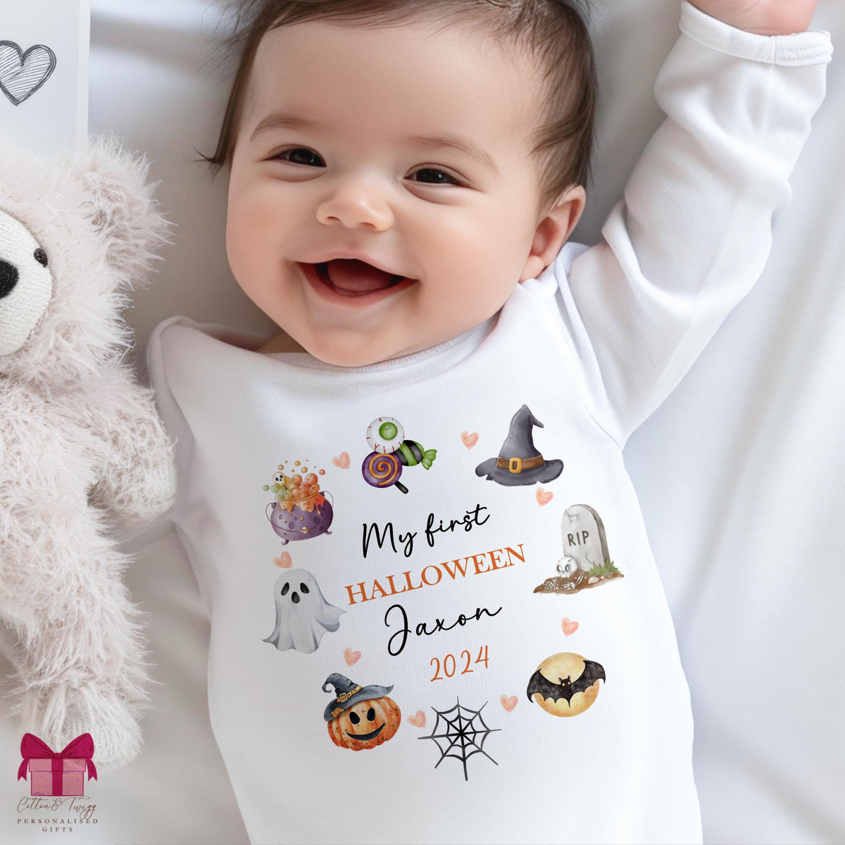 My First Halloween Pumpkins & Witch Hat – Personalised Sleepsuit, Vest & Bib