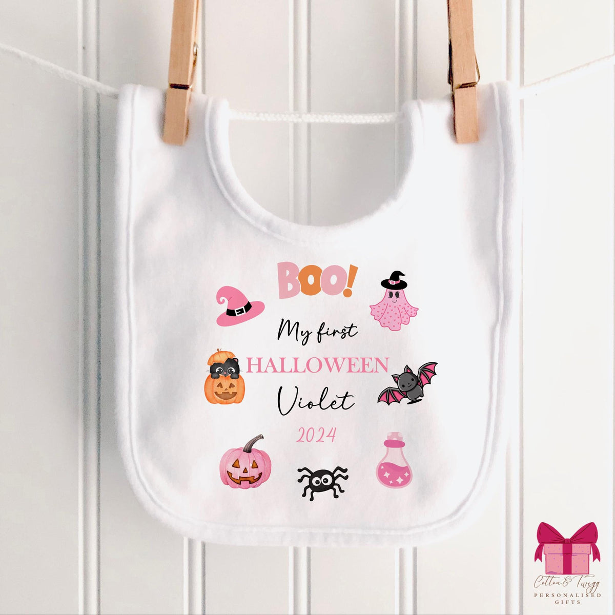 Pink Boo My First Halloween – Personalised Sleepsuit, Vest & Bib
