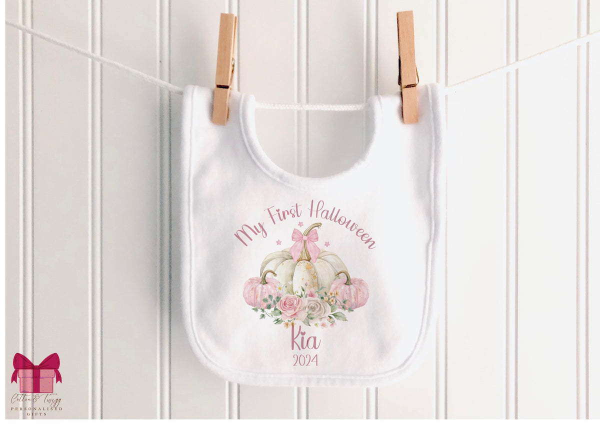 Pastel Pink Pumpkins My First Halloween – Personalised Sleepsuit, Vest & Bib