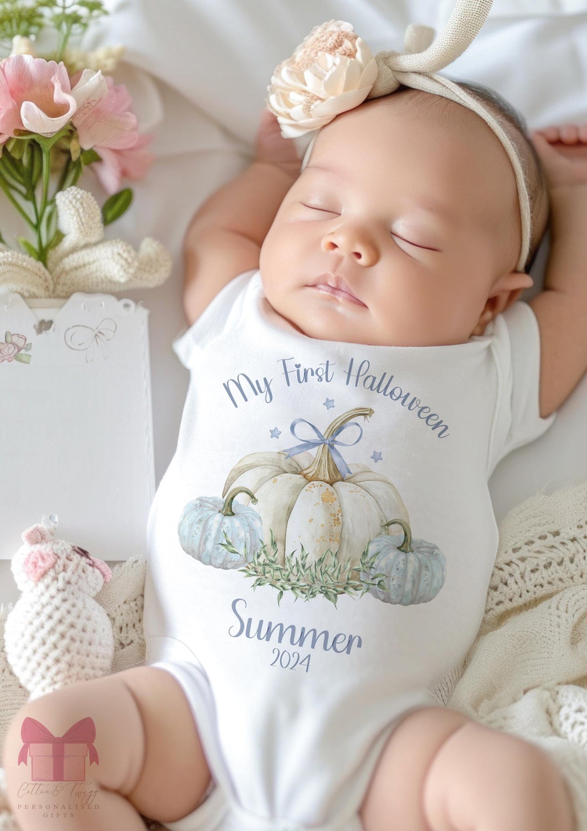 Sage & White Pumpkins My First Halloween – Personalised Sleepsuit, Vest & Bib