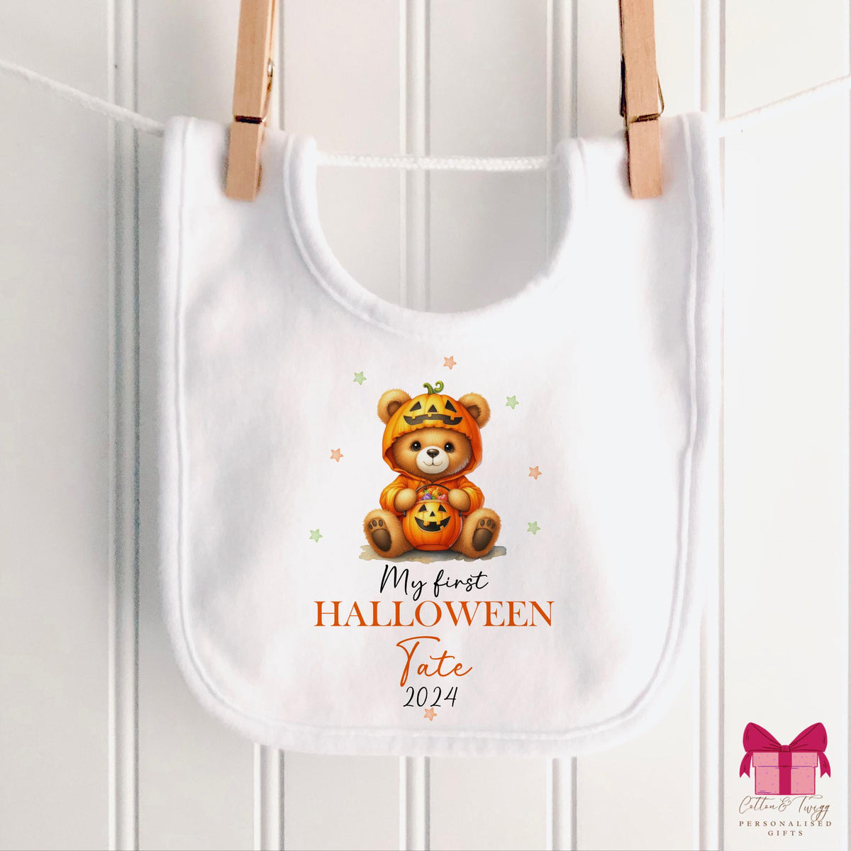 Pumpkin Costume Teddy My First Halloween – Personalised Sleepsuit, Vest & Bib