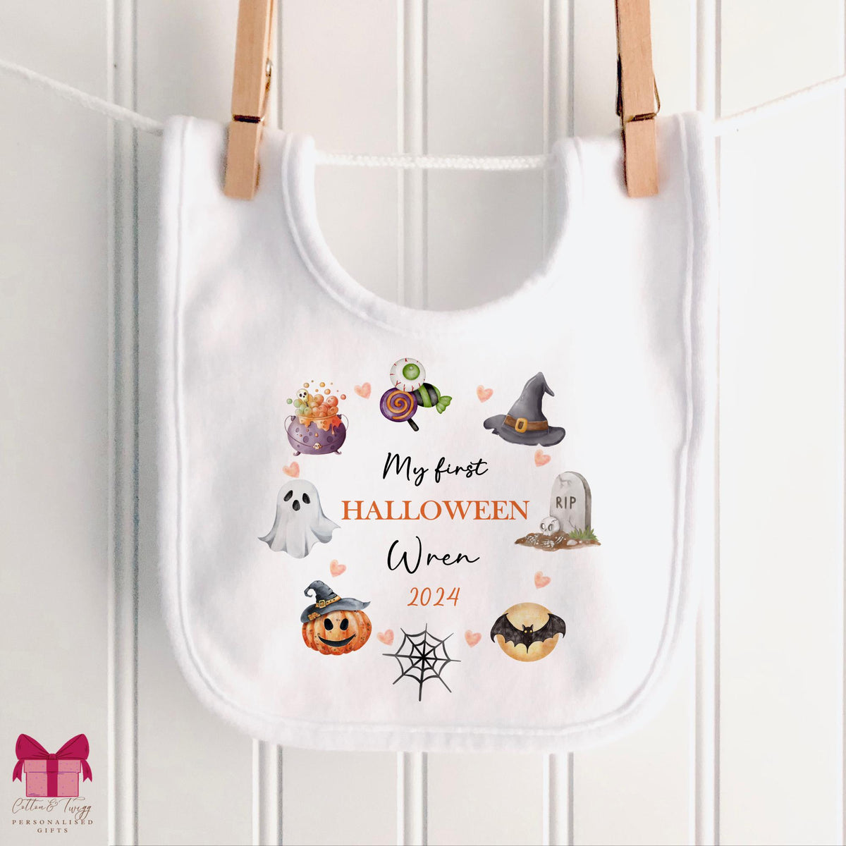 My First Halloween Pumpkins & Witch Hat – Personalised Sleepsuit, Vest & Bib