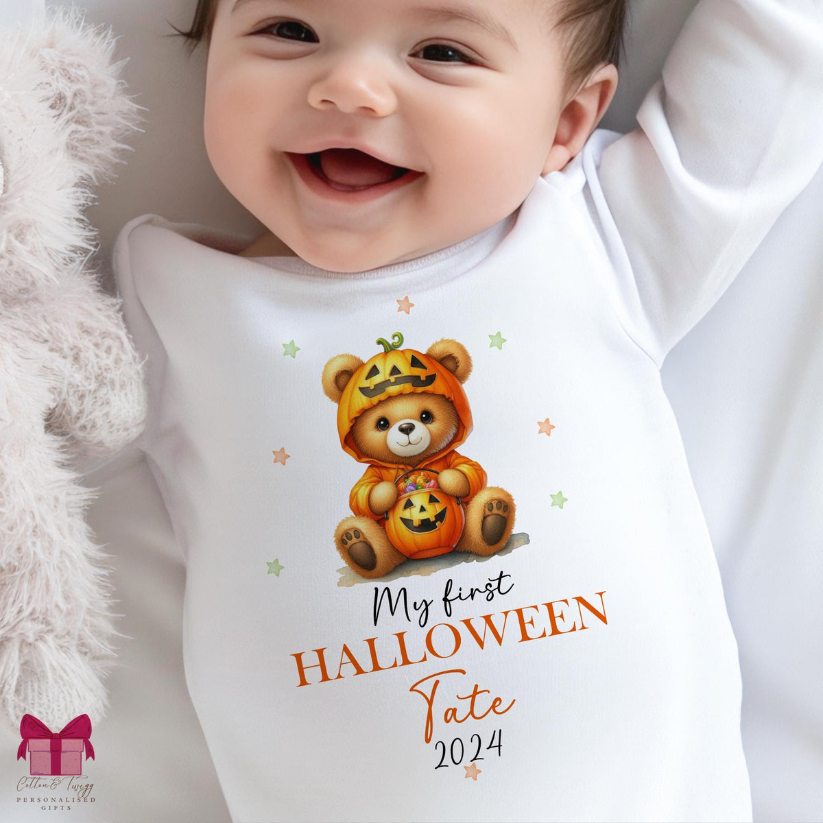 Pumpkin Costume Teddy My First Halloween – Personalised Sleepsuit, Vest & Bib